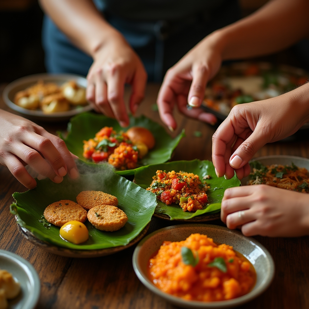 Close-up of hands holding small plates of colorful ethnic food during a tasting stop