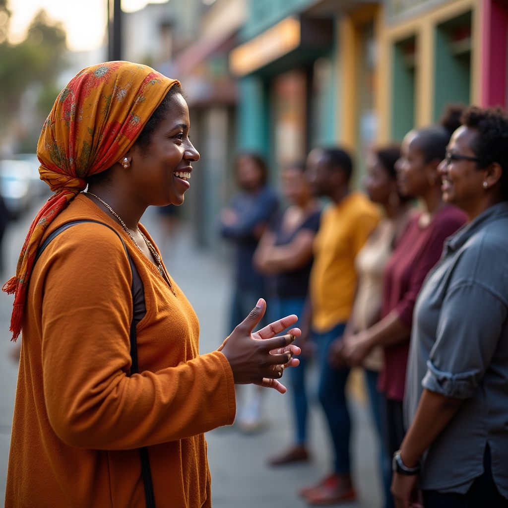 Tour guide of Somali heritage speaking with a small group outside a City Heights restaurant