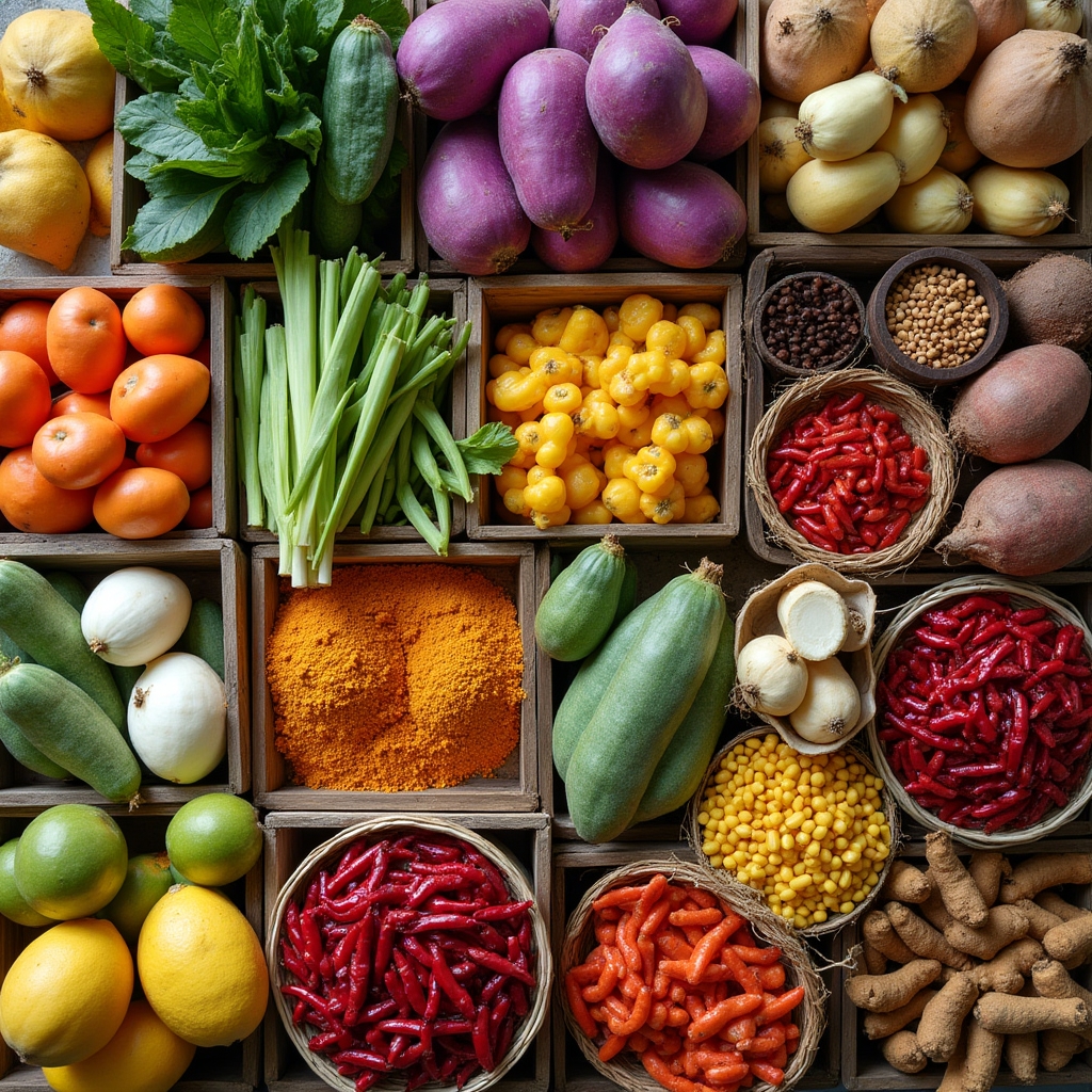 Vibrant display of exotic vegetables and spices at an immigrant-owned market in San Diego